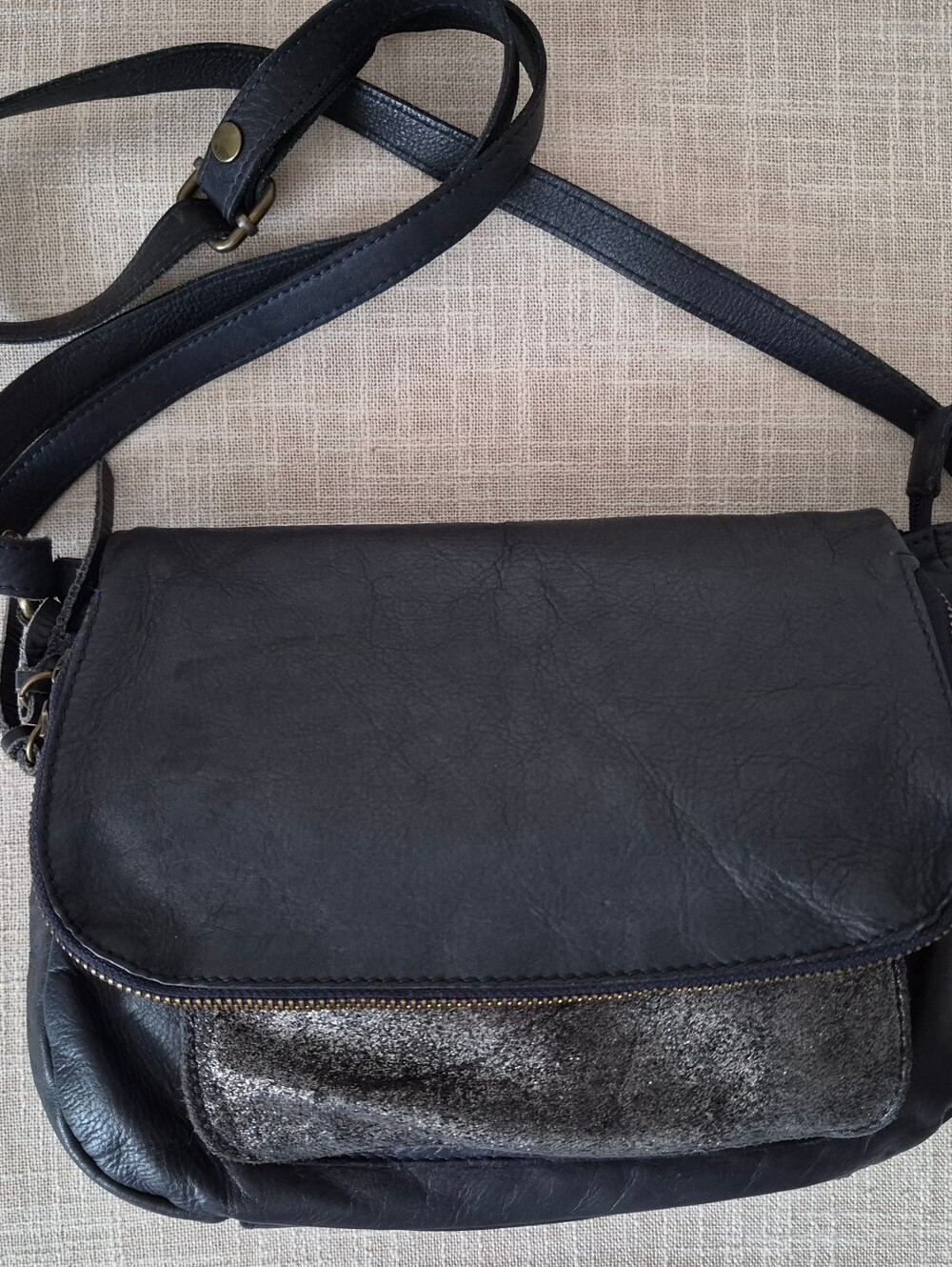 Genuine Leather Navy Blue Metallic Crossbody Shoulder Bag, Vintage